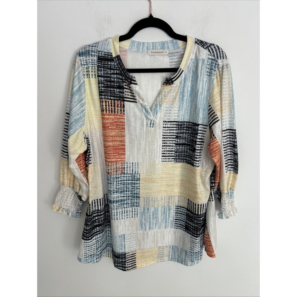 fantaslook‎ Women XL Multicolor Patchwork Smocked 3/4 Sleeve V-Neck Blouse Comfy